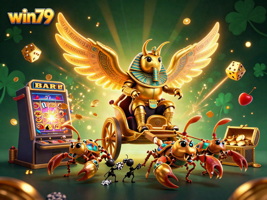 Experience win79 with a vivid illustration of a golden beetle and dynamic casino elements, showcasing vibrant gameplay.