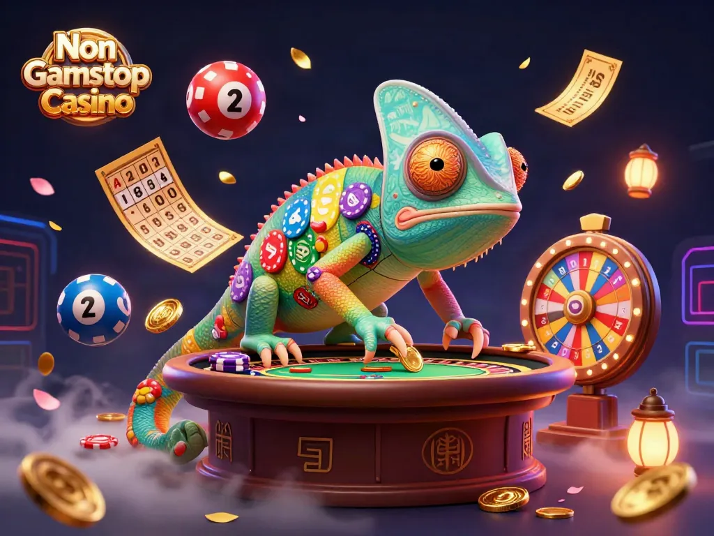 Engage with vibrant gaming at Non Gamstop Casino featuring a chameleon owner amidst lottery elements.