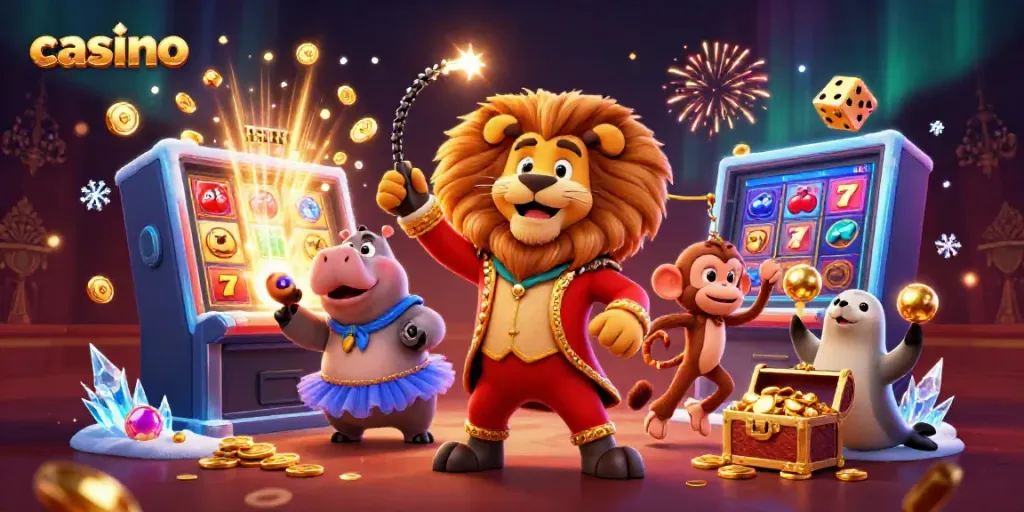 Engaging casino illustration featuring lively characters, a slot machine, and casino game elements.