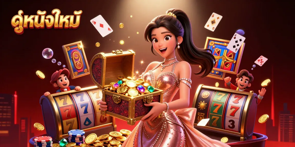Engage with ดูหนังใหม่ as a captivating experience featuring an Asian woman with gems, coins, and vibrant casino elements.