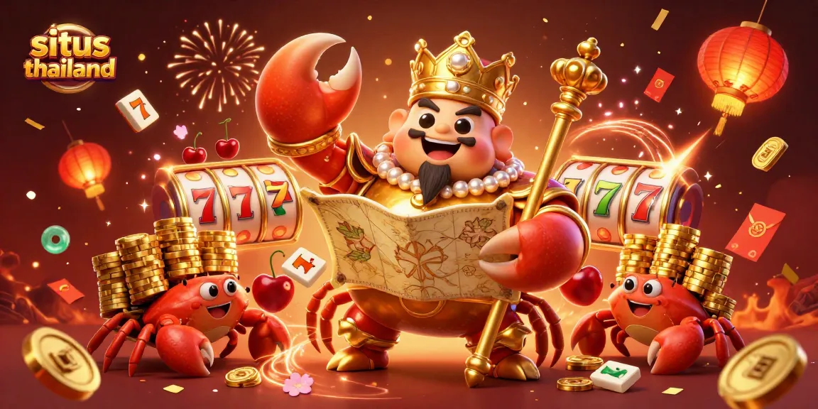 Engage in Situs Thailand with festive golden crab emperor, slot reels, and rich casino elements.