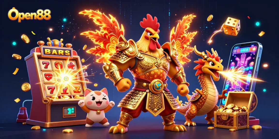 Open88 showcases thrilling casino games with a rooster warrior and dragon mascot in action.