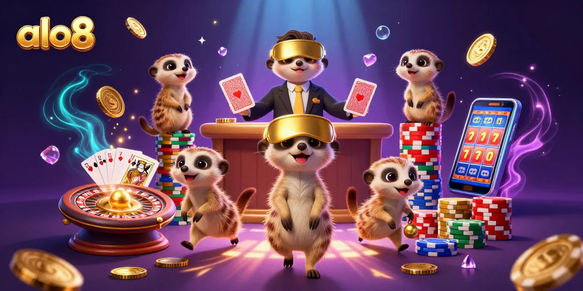 Experience captivating gaming action at alo8 with lively meerkats in a vibrant casino scene.