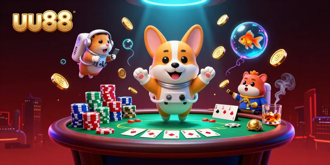 uu88 players enjoy a vibrant 3D casino scene with poker chips and space characters.