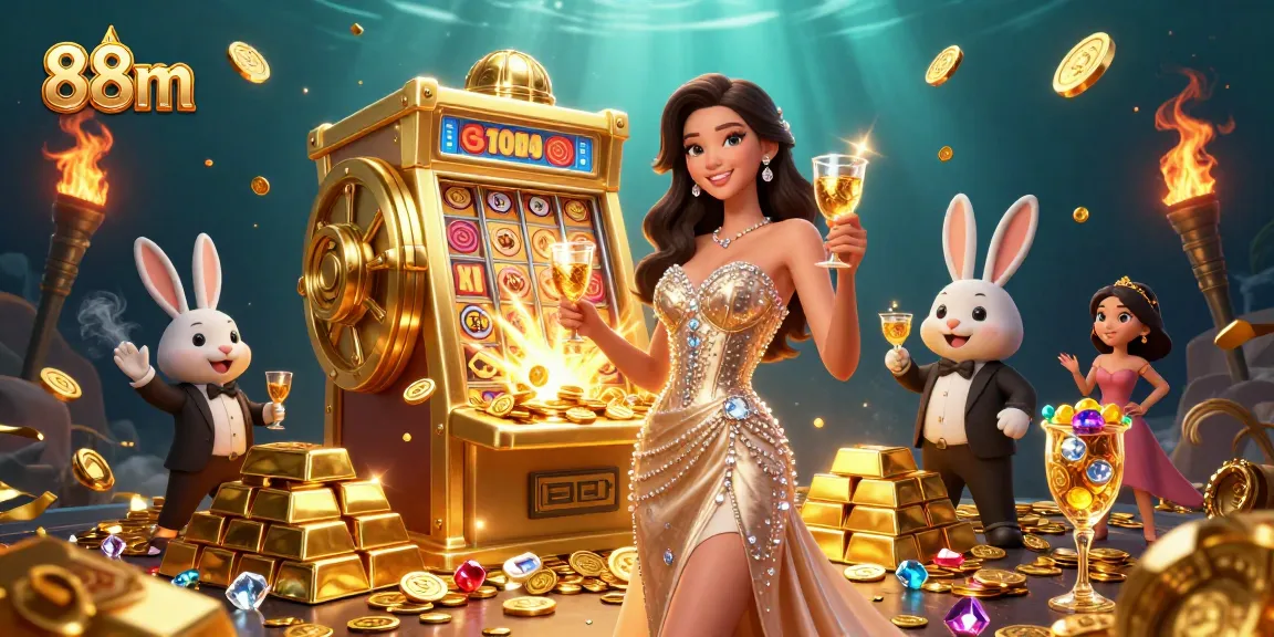 Experience the thrill of 88m as a glamorous woman toasts beside a golden jackpot slot machine.