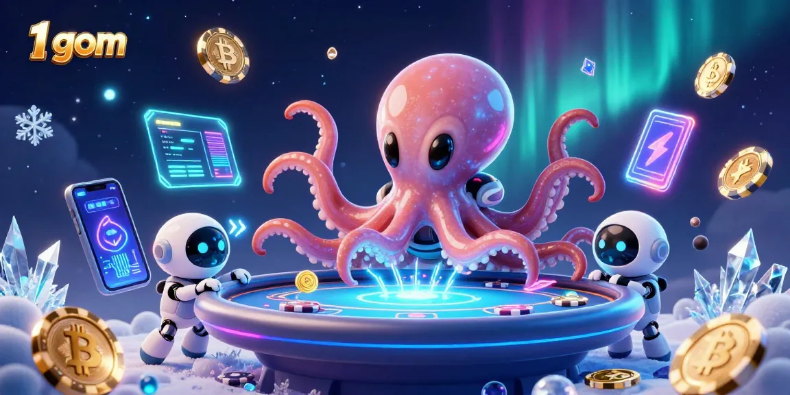 Placing bets on the holographic table in 1 gom, featuring an alien octopus and a tiny robot in a vibrant cosmic setting.