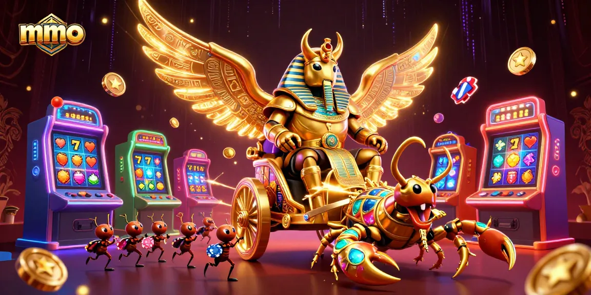 Spin and win with mmoo's vibrant slot game illustration featuring characters and casino elements.