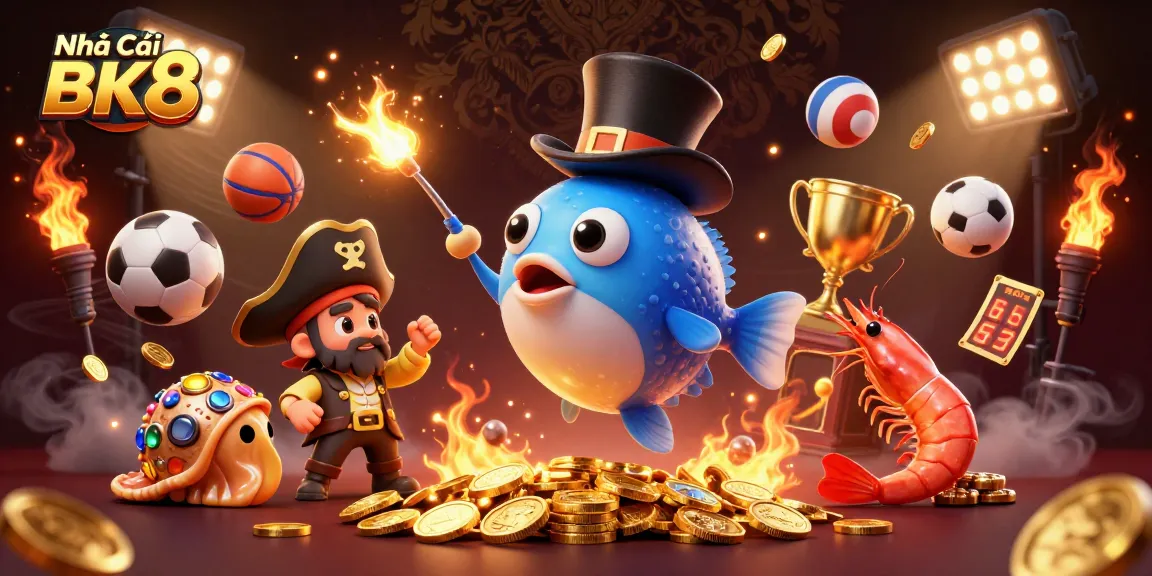Engage with Nhà Cái BK8 as the deep-sea anglerfish attracts golden coins amidst dynamic sports elements.