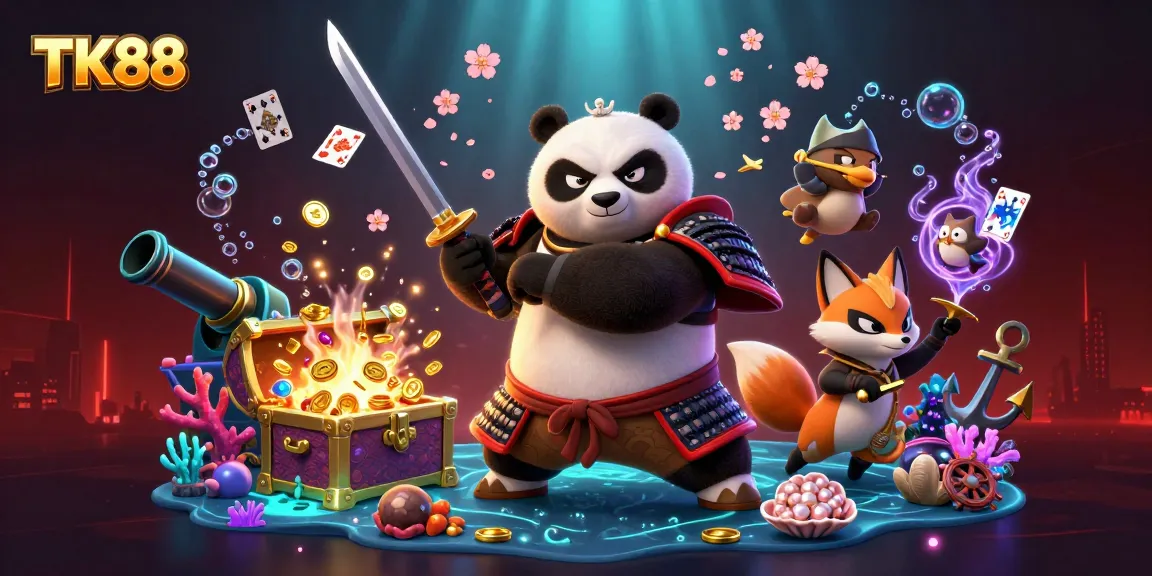 Experience the thrill of TK88 with a dynamic scene featuring a samurai panda and ninja fox in an ultra-detailed casino atmosphere.