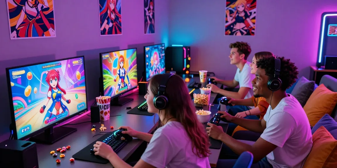 Friends enjoying online ecchi games together in a lively gaming room