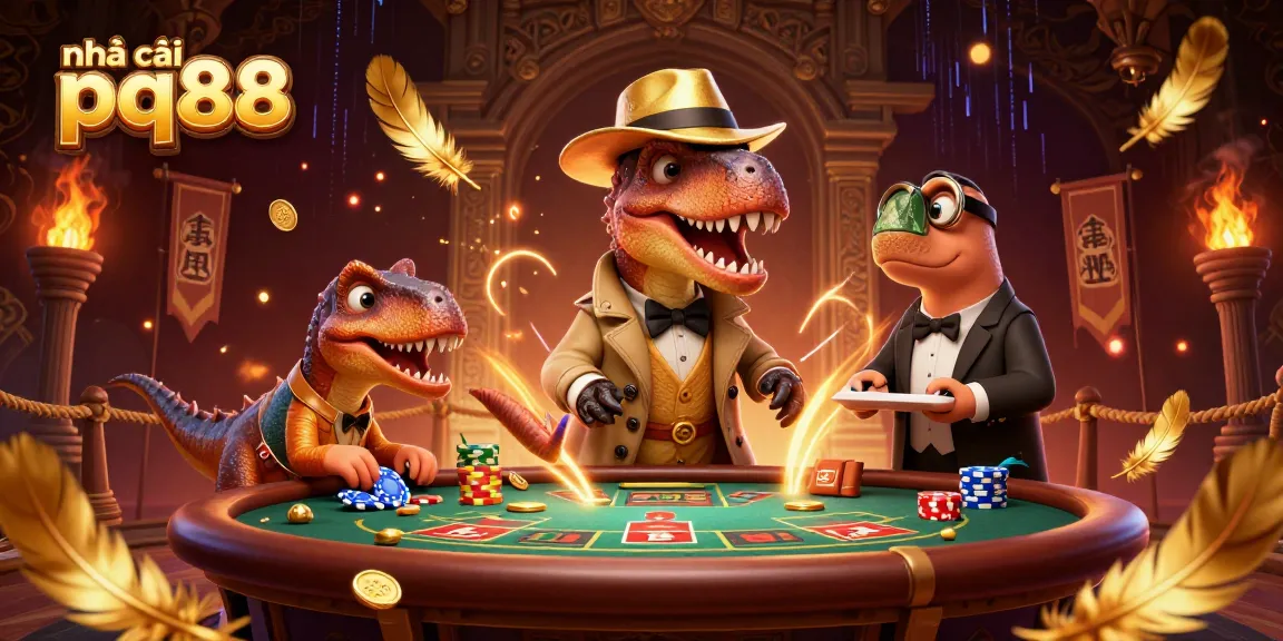 Experience thrilling action at nhà cái pq88 with a 3D velociraptor card counter and vibrant casino elements.
