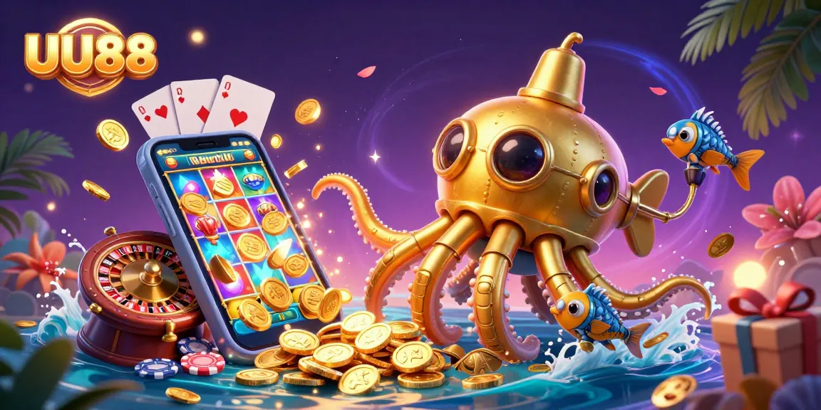 Engage with exciting slot games and golden opportunities at UU88, illustrated in vibrant 3D style.
