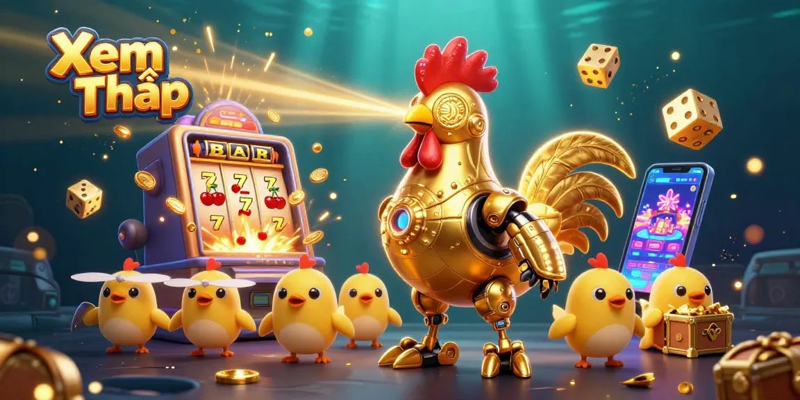 Xem Thêm and win big in a vibrant casino atmosphere featuring a futuristic rooster and slot machine.
