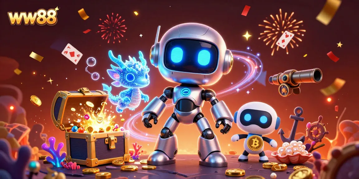 Win big at ww88 with a vibrant 3D casino scene showcasing a cyberpunk robot mascot and gaming treasures.