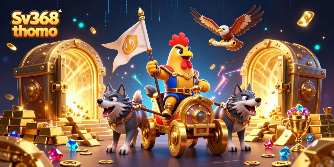 Experience thrilling cockfighting action at Sv368 thomo in this vibrant 3D scene filled with treasures.
