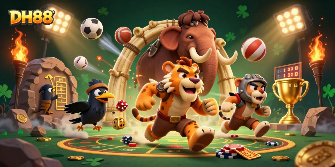 Experience thrilling gaming with DH88 at a vibrant prehistoric casino featuring dynamic sports elements.