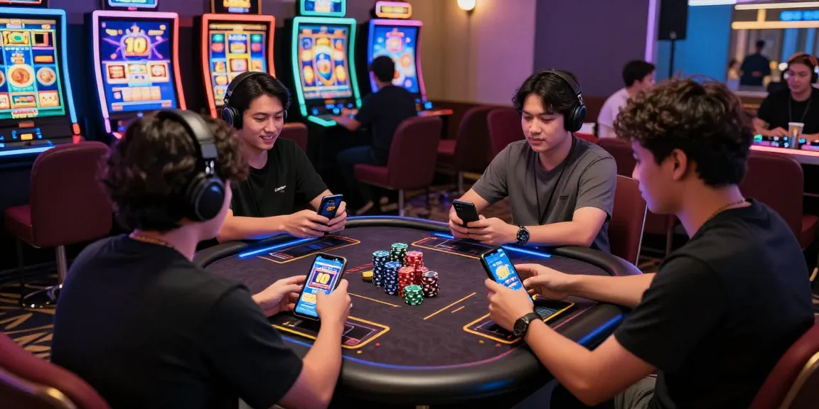 Engaged players at situs slot deposit 10 ribu gaming table enjoying a vibrant online experience.