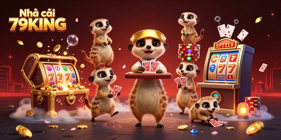 Engage in thrilling games at Nhà cái 79KING with dynamic meerkats running a vibrant casino scene.