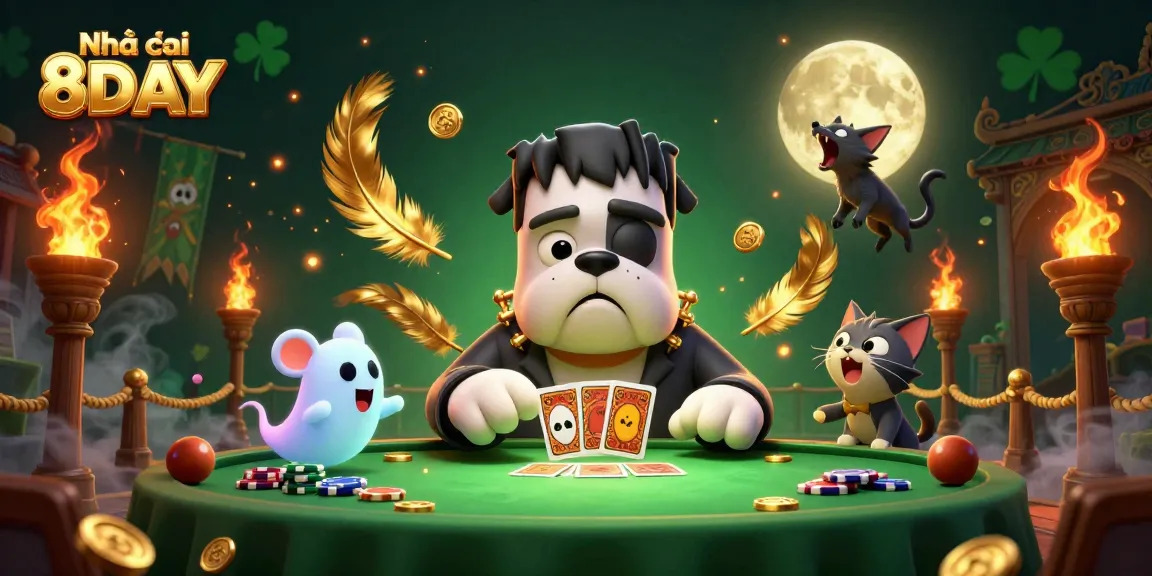 Experience the thrill with Nhà cái 8DAY featuring a zombie dealer and playful characters in a vibrant casino scene.