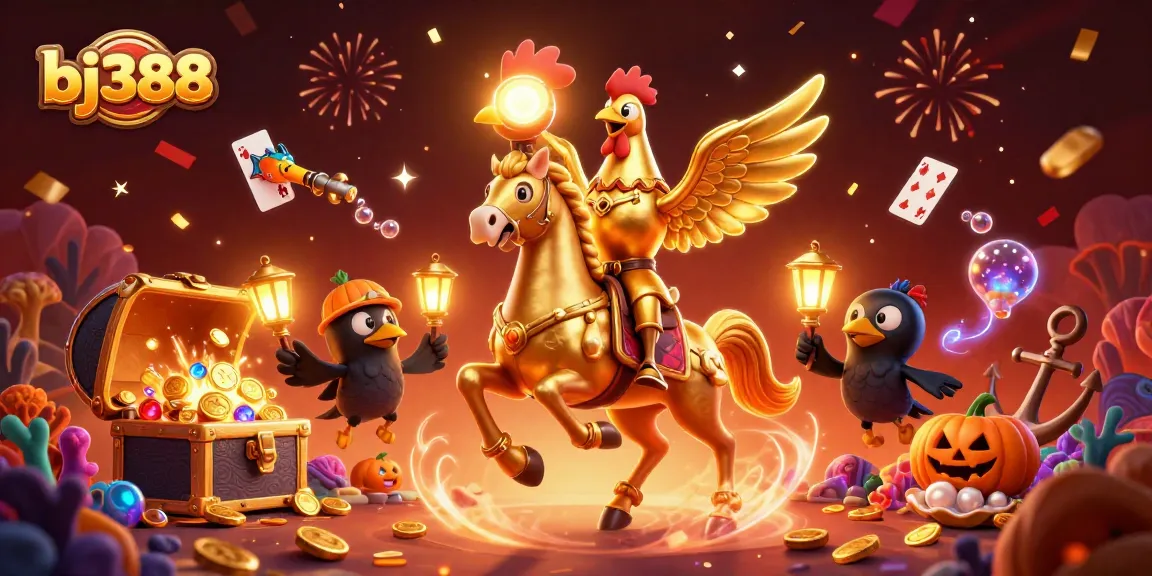 Experience the thrilling games at bj388 with a vibrant 3D casino scene featuring lively characters and prizes.