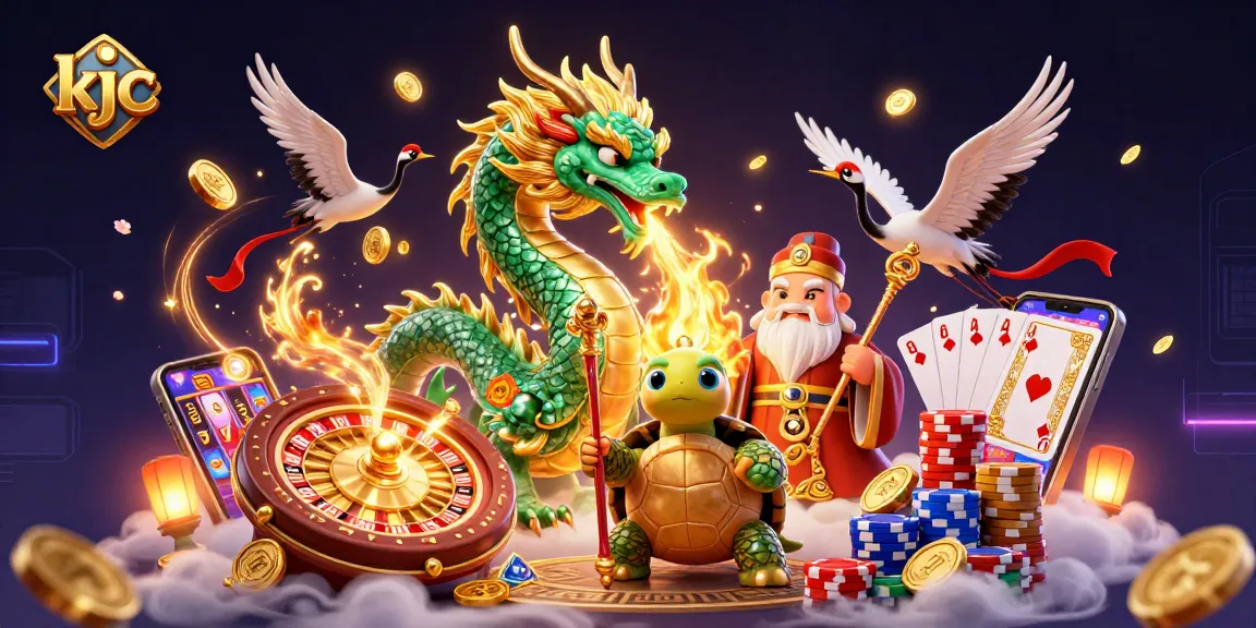 Engage in exciting gaming at KJC with a vibrant dragon, sage, and dynamic casino elements.