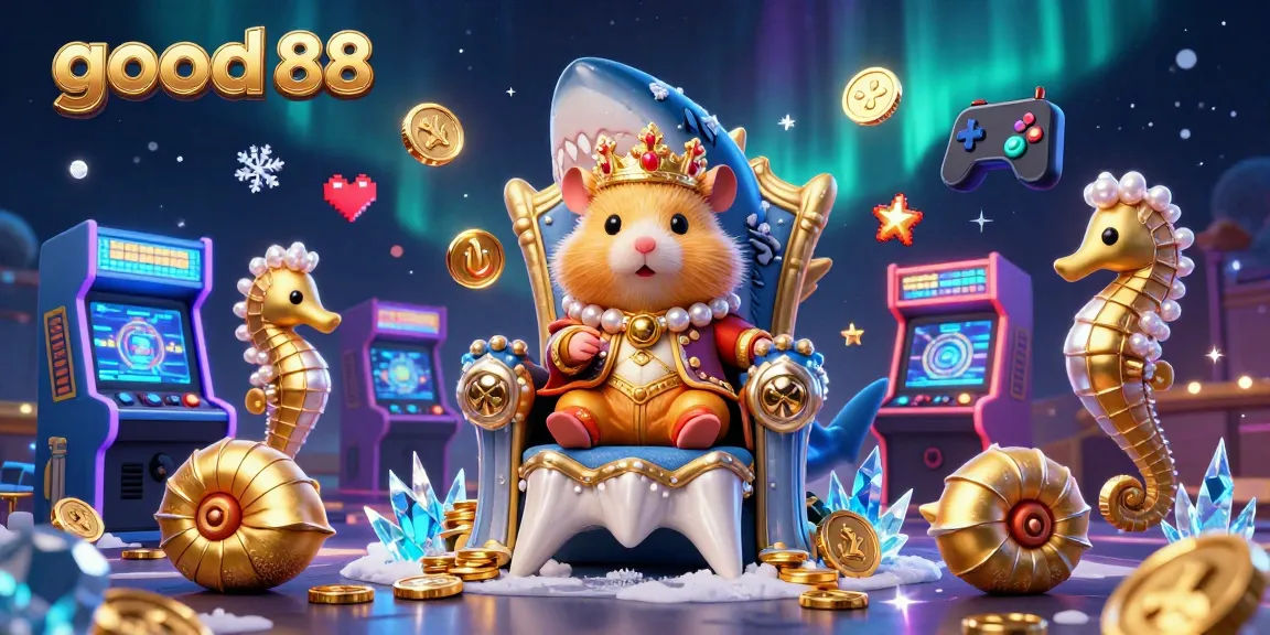Join the action with good 88 in this vibrant 3D casino scene featuring a hamster king and arcade games.