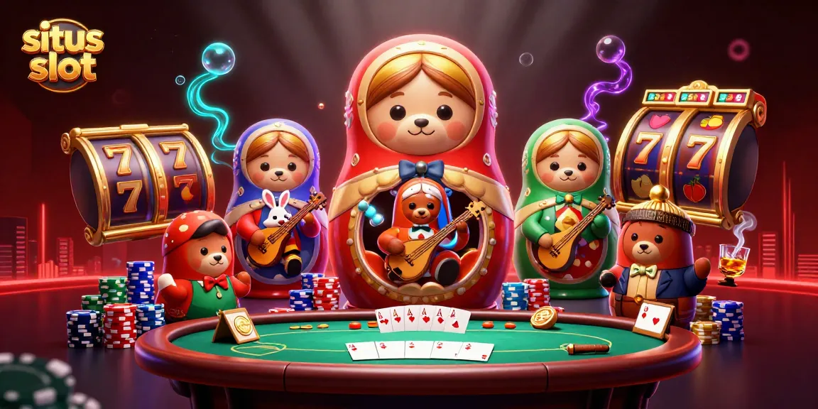 Engage with this vibrant situs slot scene depicting a cartoon Matryoshka bear with casino elements like spinning slot reels and poker chips.