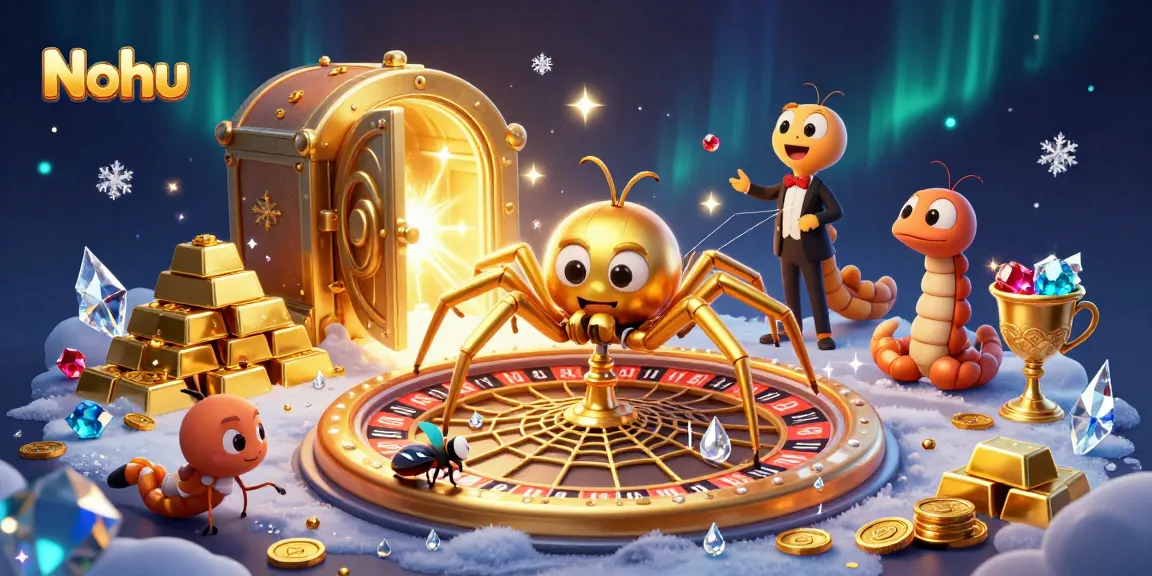 Nohu casino illustration with a spider, a fly, and gold treasures spinning a jackpot roulette wheel.
