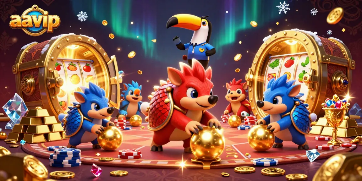 Engage with the AAVIP experience as pangolins bowl golden balls and chips, showcasing thrilling slot action.
