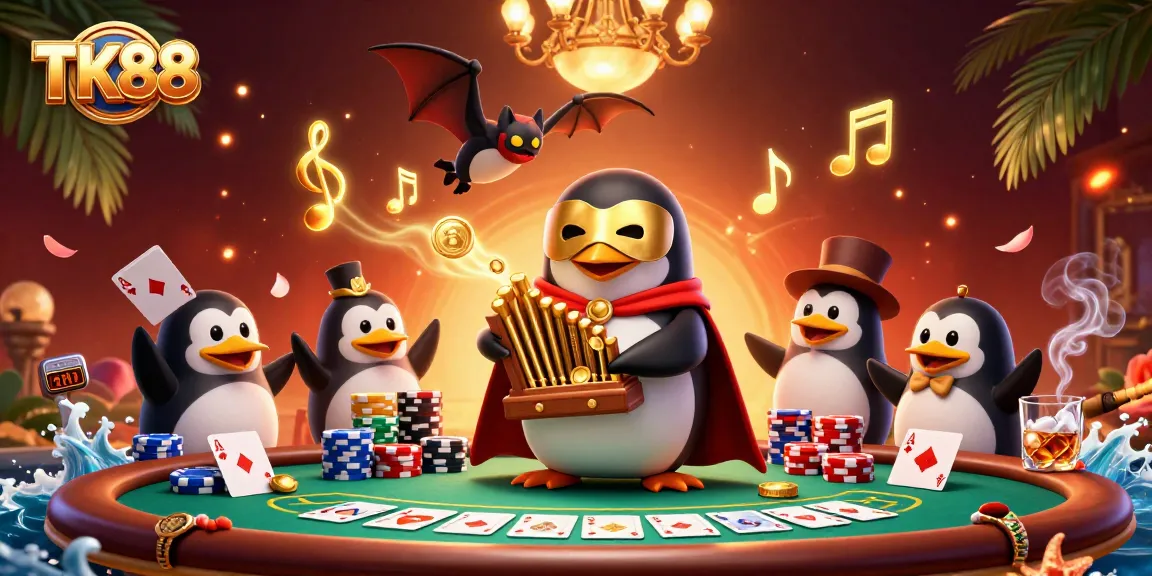 TK88 penguin playing organ with gold coins in a lively casino scene.