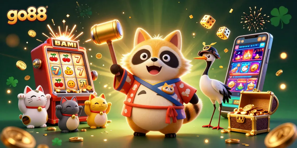 Play exciting games at go88 as cheerful tanuki enjoys a jackpot explosion with coins and fun characters.