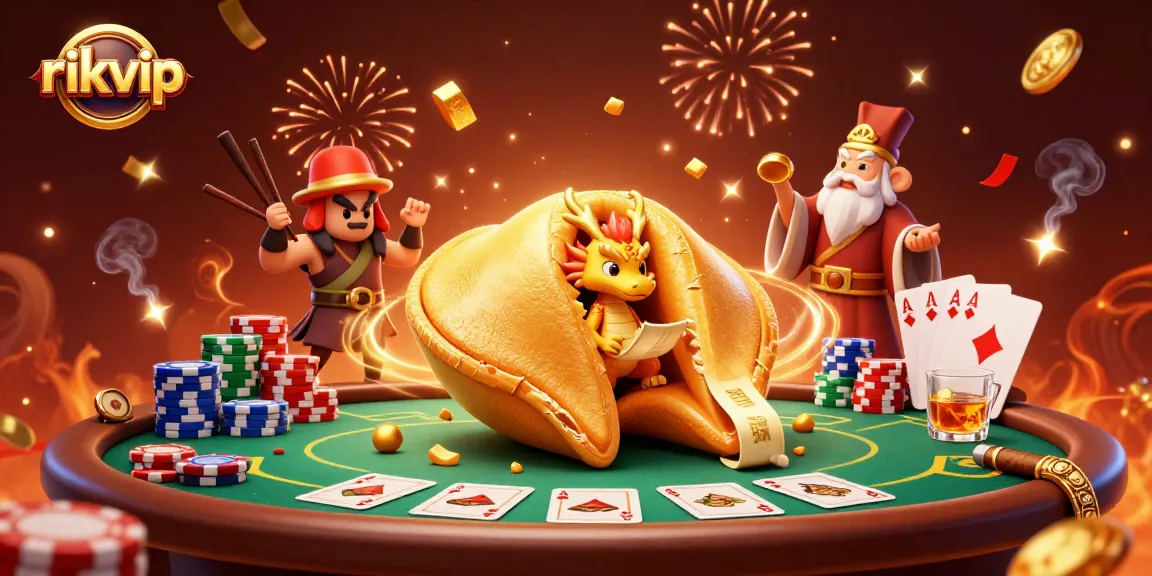 rikvip's golden fortune cookie combines with poker chips and cards in a vibrant casino scene.