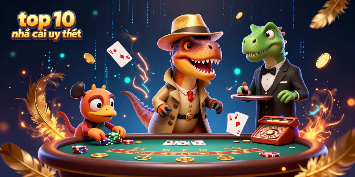 Engage with the top 10 nhà cái uy tín in an exciting card game scene featuring a clever velociraptor.