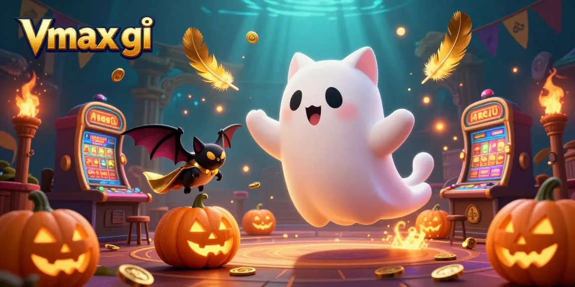 Engage with Vmax gì while exploring a lively casino scene with a ghost cat, bat, and glowing jack-o-lanterns.