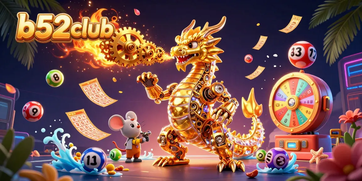 Engage with b52club's thrilling gaming adventure, showcasing a dynamic dragon and colorful lottery elements.