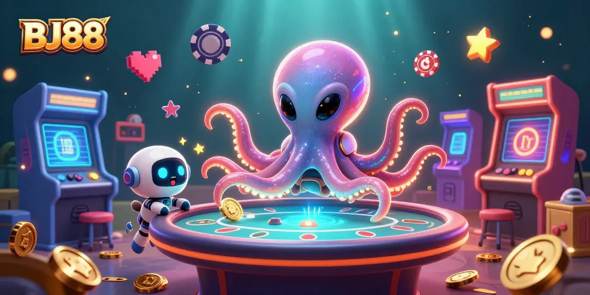 Engage with BJ88's immersive 3D casino scene featuring an alien octopus at a holographic poker table.