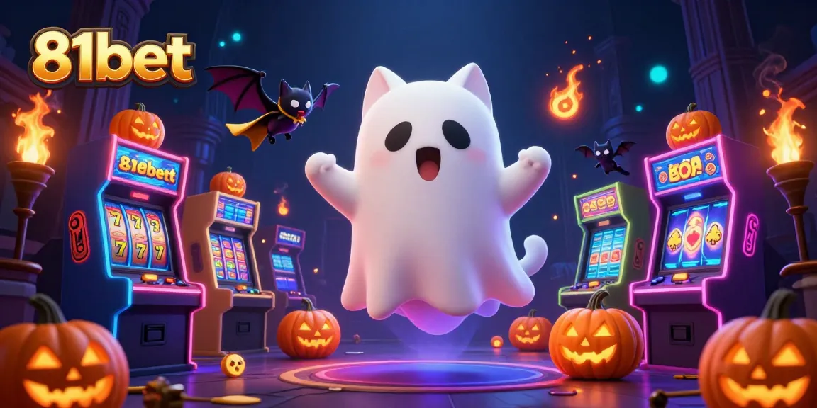 Engage in thrilling gameplay at 81bet, featuring a playful ghost cat and vibrant slot reels.
