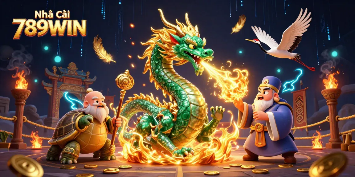 Engage with thrilling action at Nhà cái 789WIN, highlighted by a vibrant 3D illustration of an emerald jade dragon and dynamic gaming elements.