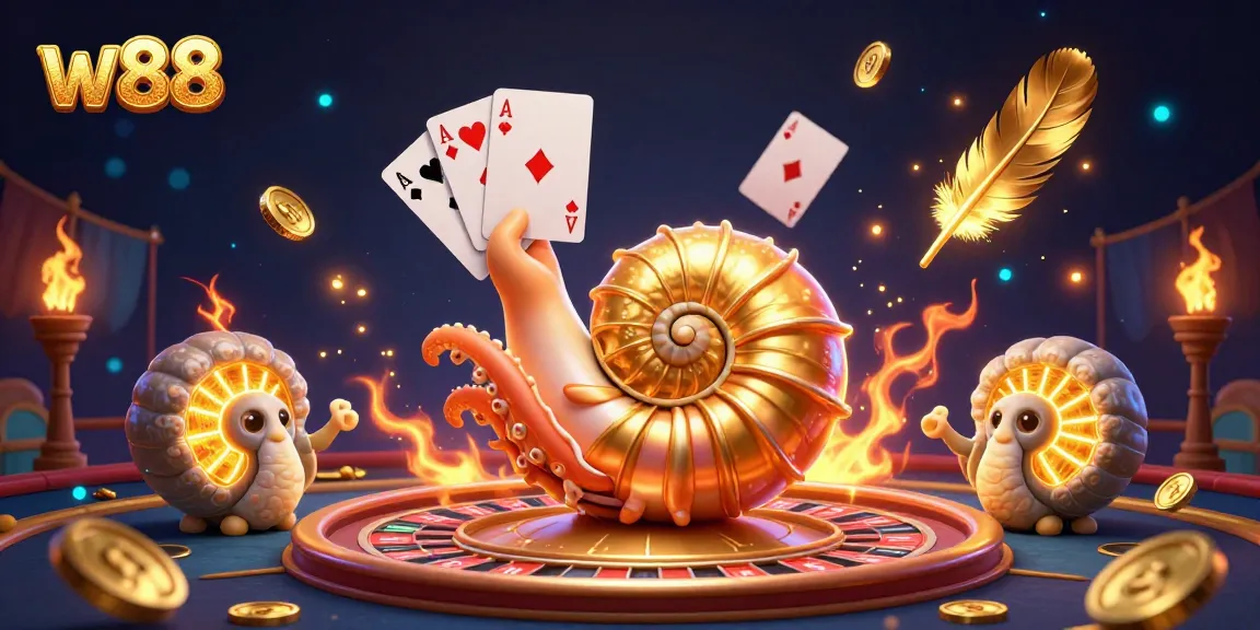 Engage with w88's vibrant casino scene featuring a nautilus roulette wheel, cards, and golden particles swirling.