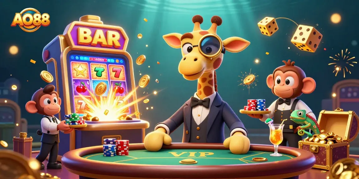 Experience the jackpots of AO88 with lively 3D characters and dynamic casino elements in an engaging digital scene.