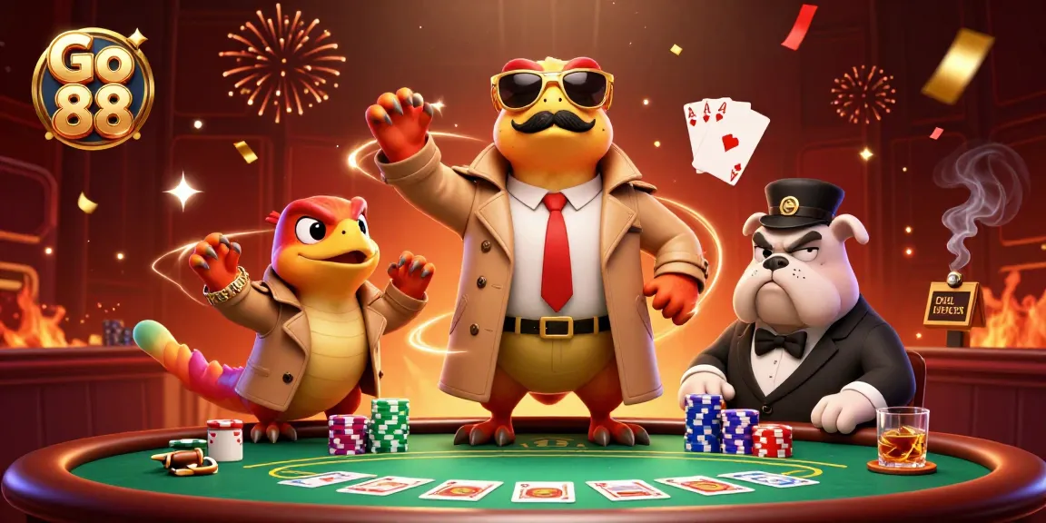 Go 88 raptors attempt entry to a VIP casino, surrounded by poker elements and festive confetti.