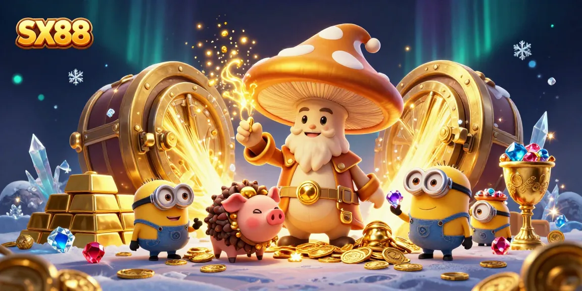 Win big at SX88 with our vibrant, magical casino-themed illustration featuring treasure and enchanting characters.