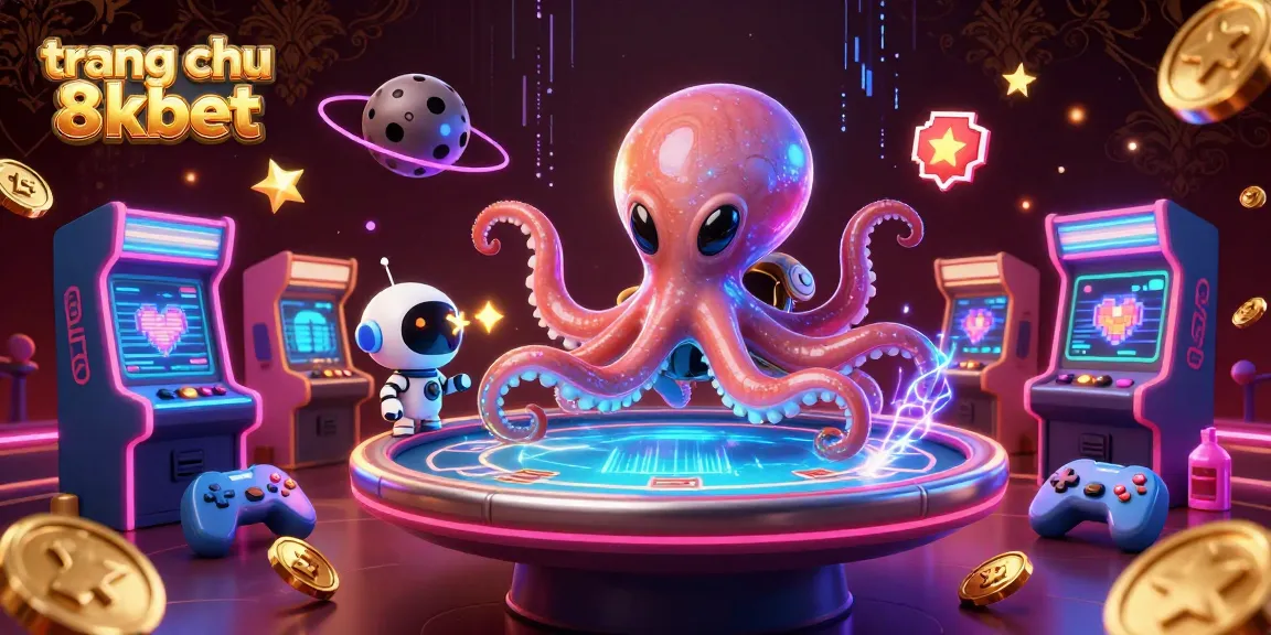 Engage with exciting betting on trang chu 8xbet, featuring a dazzling alien octopus at a poker table.