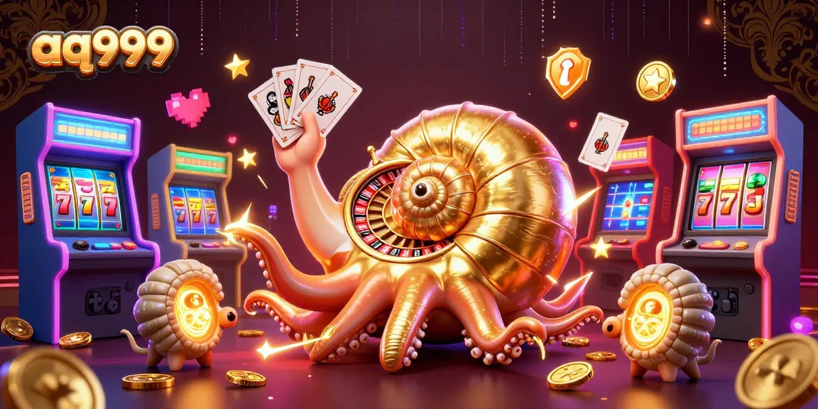 Experience thrilling gaming with aq999's vibrant 3D casino illustration featuring a giant nautilus wheel and glowing ammonites.