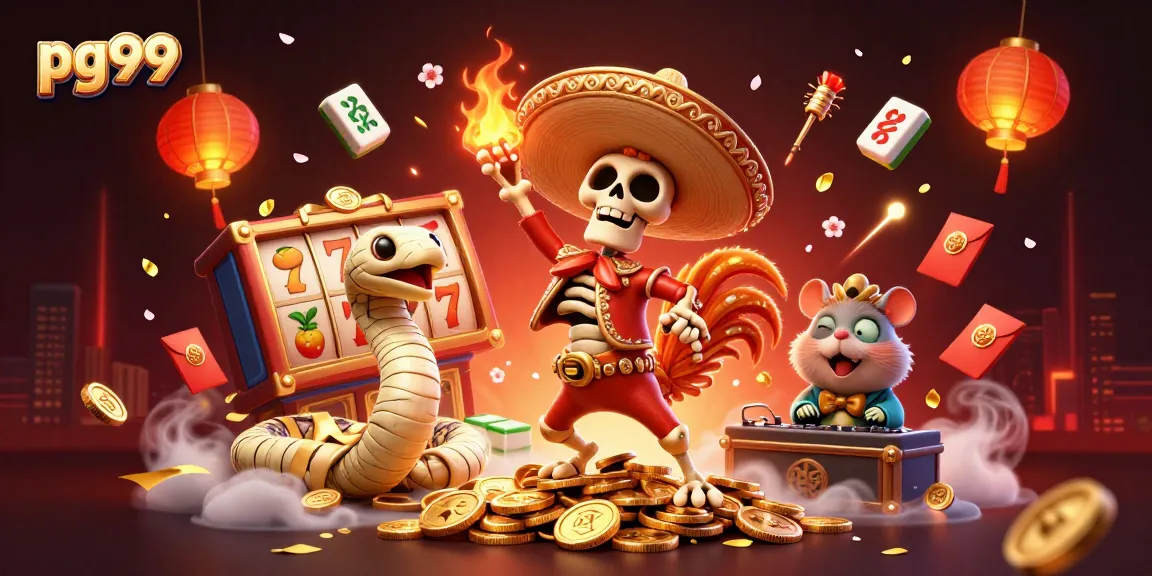 Experience exciting wins at pg99 with a lively casino illustration showcasing vibrant characters and gaming elements.