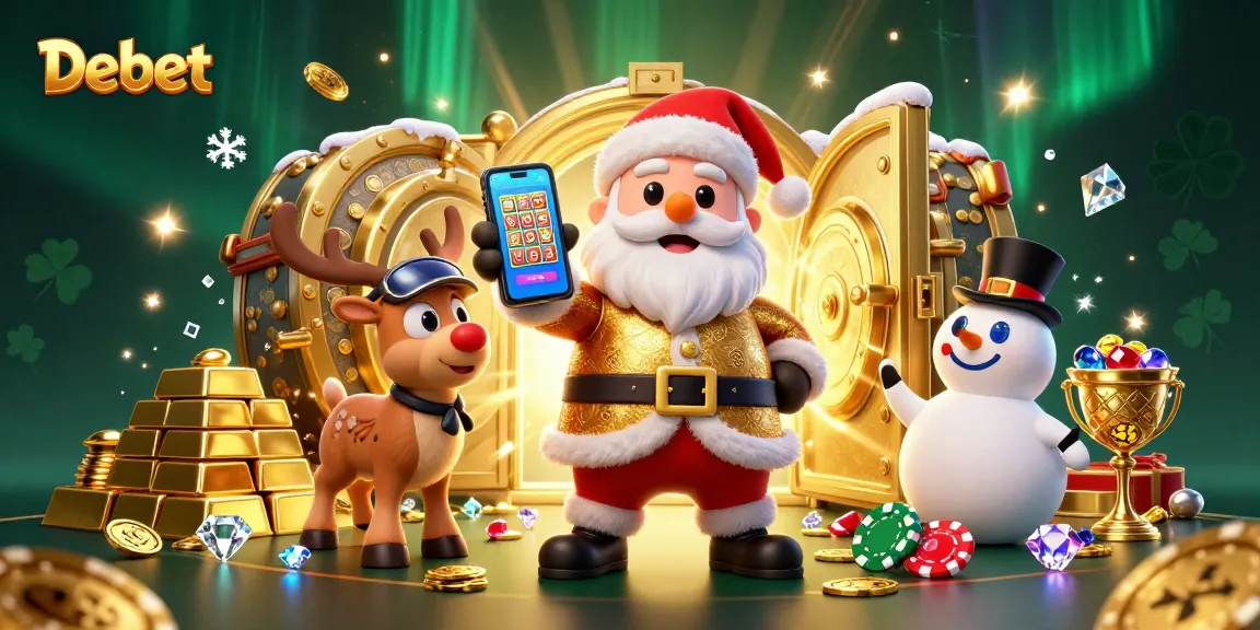 Engage with Debet's exciting jackpot slots in a vibrant casino scene featuring Santa Claus and friends.