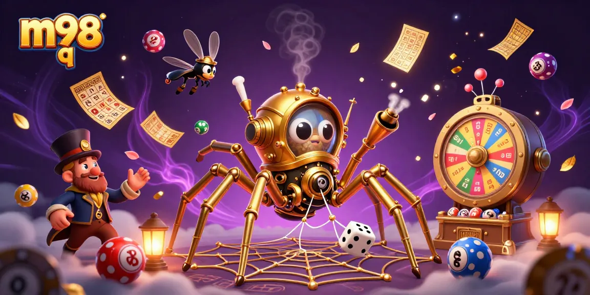 Engage with m98 q in a steampunk casino scene featuring lively lottery balls and intricate character designs.