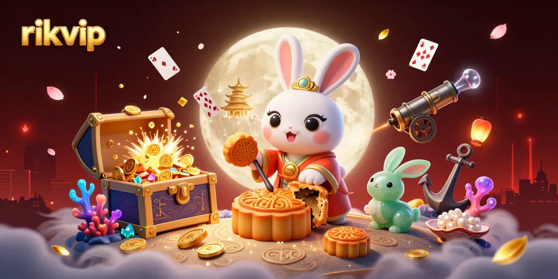 Win big at Rikvip with this vibrant illustration featuring moon rabbits and poker chips.