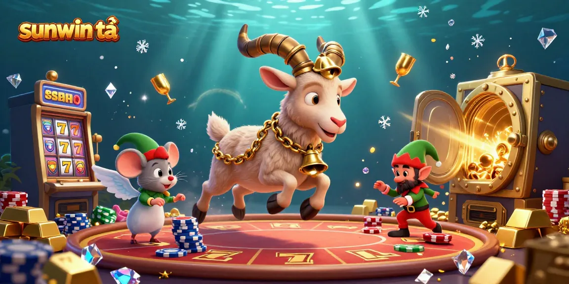 Experience the thrill of sunwin tải with a captivating casino scene featuring festive characters and vibrant game elements.