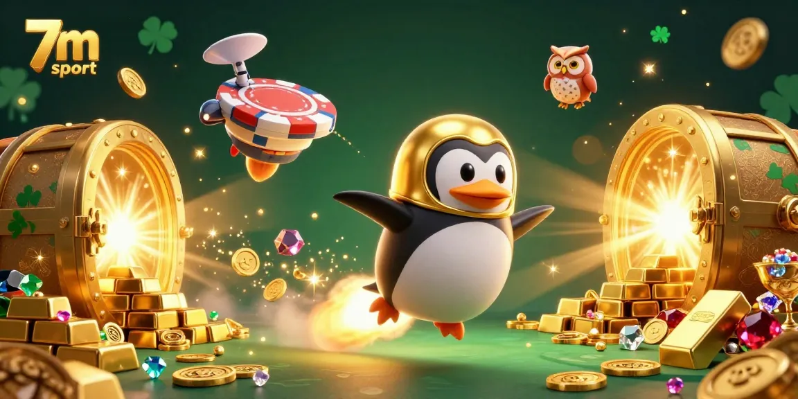 Experience thrilling wins with 7m sport in a vibrant casino-themed 3D scene featuring a penguin and treasures.